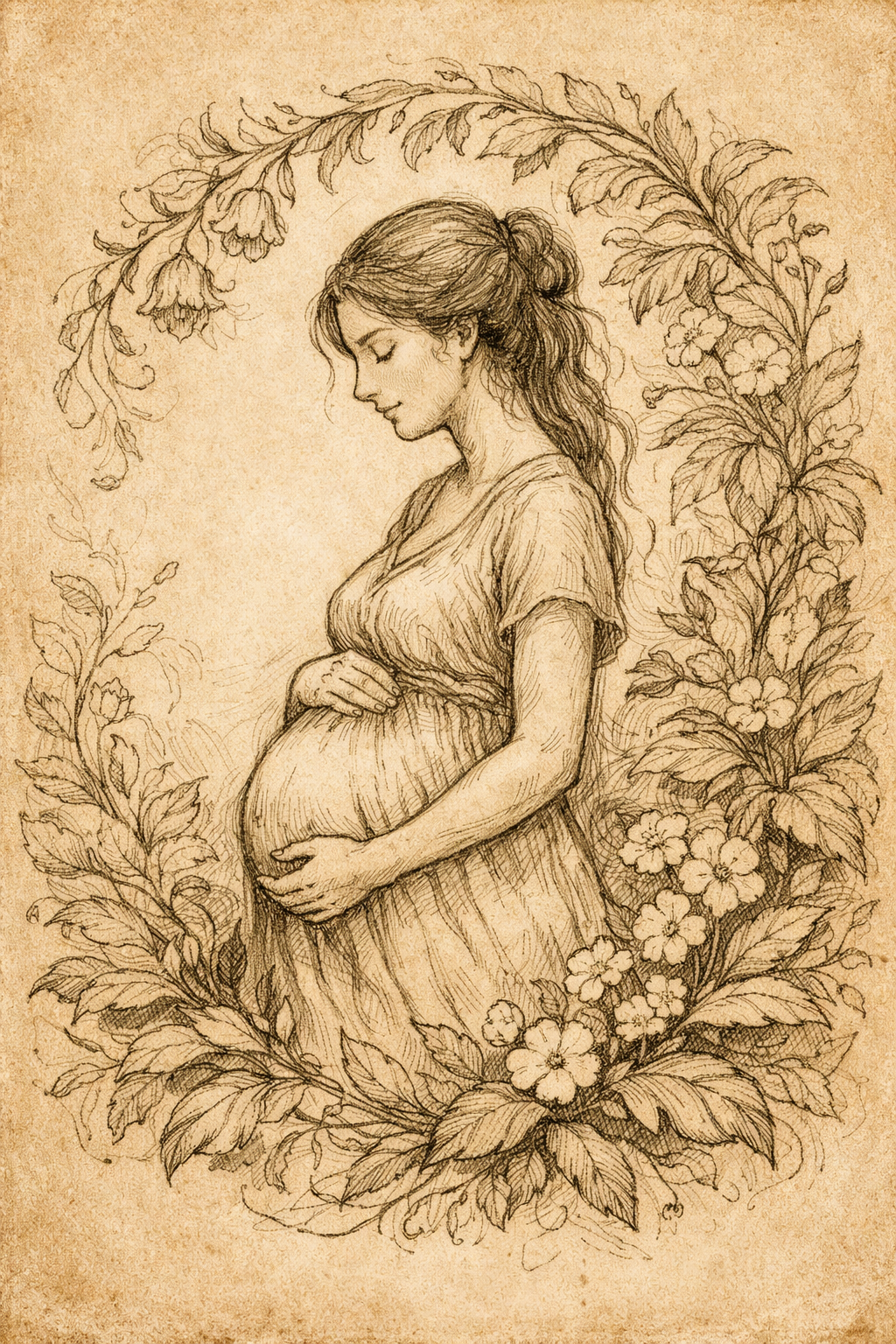 Botanical illustration of a mother tenderly cradling her belly, surrounded by flowers and vines